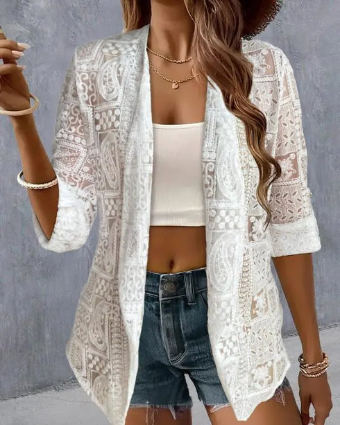 Eyelet Embroidery Turn-Up Sleeves Open Front Coat white