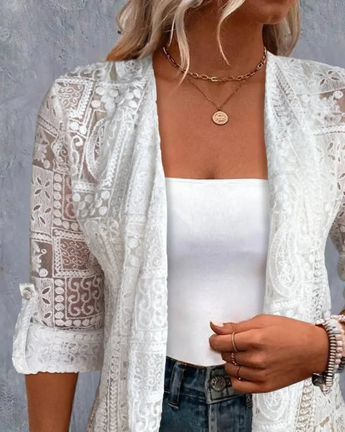 Eyelet Embroidery Turn-Up Sleeves Open Front Coat white