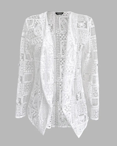 Eyelet Embroidery Turn-Up Sleeves Open Front Coat white