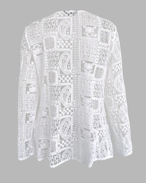 Open Front Floral Lace Embroidered Turn-Up Sleeves Coat Casual Lightweight Breathable Sheer Cardigan white