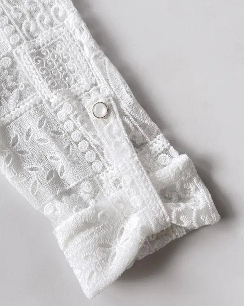 Open Front Floral Lace Embroidered Turn-Up Sleeves Coat Casual Lightweight Breathable Sheer Cardigan white