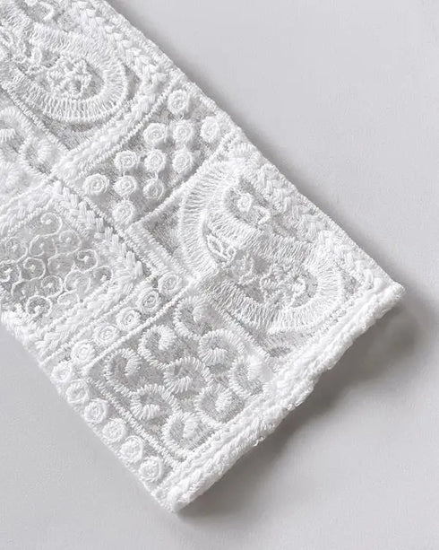 Eyelet Embroidery Turn-Up Sleeves Open Front Coat white