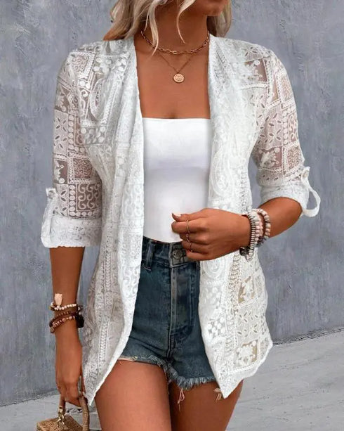 Eyelet Embroidery Turn-Up Sleeves Open Front Coat white
