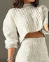 2 Piece Crewneck Long Sleeve Cable Knit Crop Sweater High Waist Shorts Tracksuits Outfits Apricot