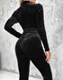 Velvet Zipper Design Ruched Long Sleeve Jumpsuit With Elastic Waistbelt black