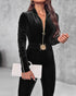 Velvet Zipper Design Ruched Long Sleeve Jumpsuit With Elastic Waistbelt black