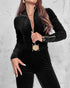 Velvet Zipper Design Ruched Long Sleeve Jumpsuit With Elastic Waistbelt black