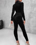 Velvet Zipper Design Ruched Long Sleeve Jumpsuit With Elastic Waistbelt black