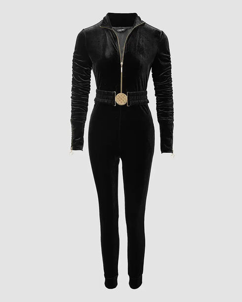 Velvet Zipper Design Ruched Long Sleeve Jumpsuit With Elastic Waistbelt black
