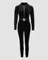 Velvet Zipper Design Ruched Long Sleeve Jumpsuit With Elastic Waistbelt black