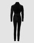 Velvet Zipper Design Ruched Long Sleeve Jumpsuit With Elastic Waistbelt black