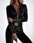 Velvet Off Shoulder Beaded Jumpsuits Elegant Long Sleeve Overalls with Elastic Waistbelt black