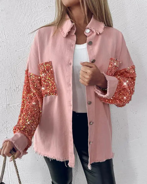 Casual Jacket Sequin Patchwork Long Sleeve Jacket Top Button Front Raw Hem Oversized Denim Shacket light pink