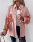Casual Jacket Sequin Patchwork Long Sleeve Jacket Top Button Front Raw Hem Oversized Denim Shacket light pink