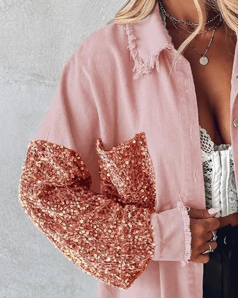 Casual Jacket Sequin Patchwork Long Sleeve Jacket Top Button Front Raw Hem Oversized Denim Shacket light pink
