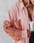 Sequin Decor Turn-down Collar Button Front Pockets Design Denim Coat Casual Fuzzy Spliced Raw Trim Shacket light pink