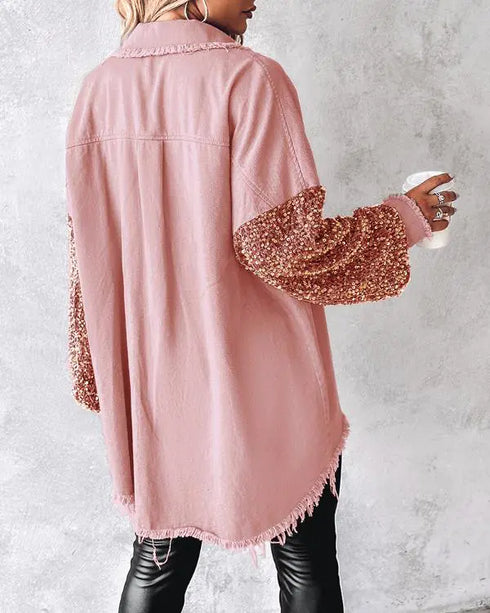 Sequin Decor Turn-down Collar Button Front Pockets Design Denim Coat Casual Fuzzy Spliced Raw Trim Shacket light pink