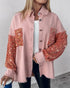 Sequin Decor Turn-down Collar Button Front Pockets Design Denim Coat Casual Fuzzy Spliced Raw Trim Shacket light pink