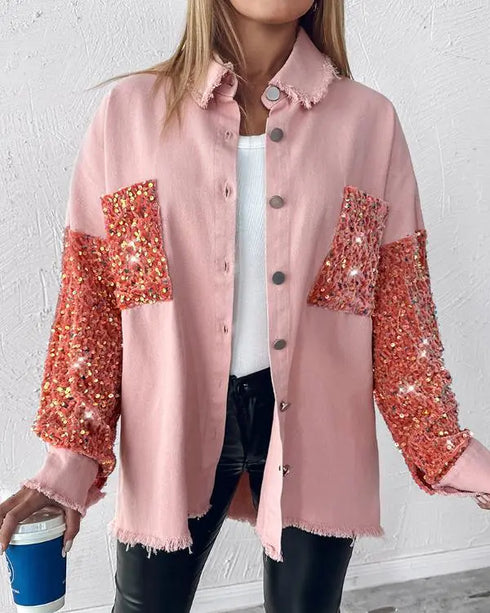 Casual Jacket Sequin Patchwork Long Sleeve Jacket Top Button Front Raw Hem Oversized Denim Shacket light pink