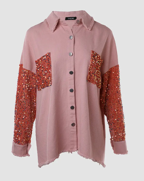 Sequin Decor Turn-down Collar Button Front Pockets Design Denim Coat Casual Fuzzy Spliced Raw Trim Shacket light pink