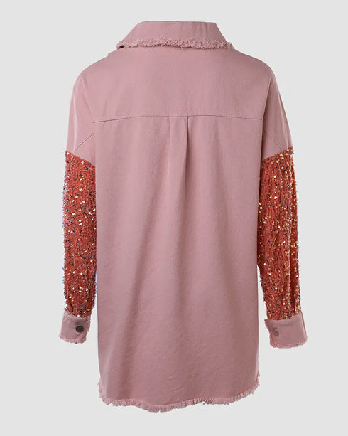 Casual Jacket Sequin Patchwork Long Sleeve Jacket Top Button Front Raw Hem Oversized Denim Shacket light pink