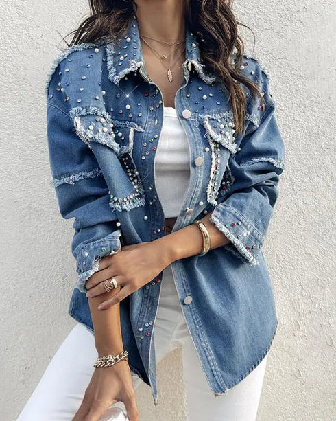 Turn-down Collar Contrast Sequin Long Sleeve Fringe Hem Denim Jacket Casual Coat blue