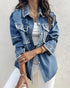 Colorful Rhinestone & Pearls Decor Turn-down Collar Long Sleeve Jacket Casual Front Button Raw Hem Denim Coat with Pockets blue
