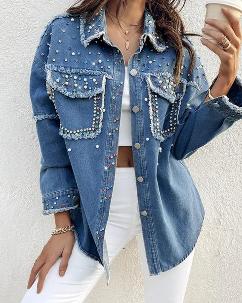 Turn-down Collar Contrast Sequin Long Sleeve Fringe Hem Denim Jacket Casual Coat blue