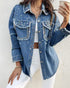Turn-down Collar Contrast Sequin Long Sleeve Fringe Hem Denim Jacket Casual Coat blue