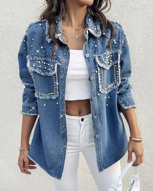 Turn-down Collar Contrast Sequin Long Sleeve Fringe Hem Denim Jacket Casual Coat blue