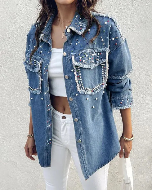 Colorful Rhinestone & Pearls Decor Turn-down Collar Long Sleeve Jacket Casual Front Button Raw Hem Denim Coat with Pockets blue