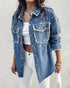 Turn-down Collar Contrast Sequin Long Sleeve Fringe Hem Denim Jacket Casual Coat blue