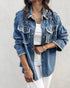 Turn-down Collar Contrast Sequin Long Sleeve Fringe Hem Denim Jacket Casual Coat blue