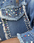 Turn-down Collar Contrast Sequin Long Sleeve Fringe Hem Denim Jacket Casual Coat blue