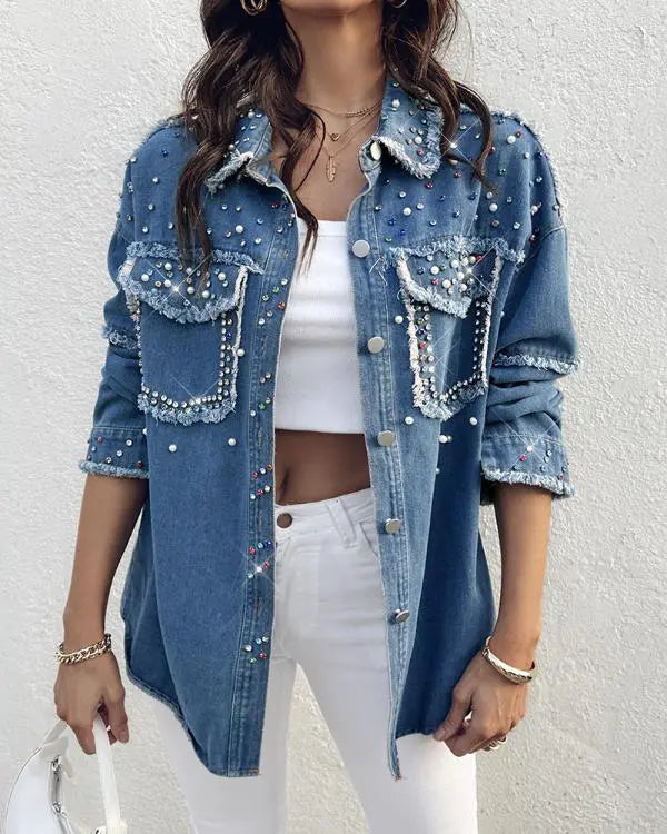 Turn-down Collar Contrast Sequin Long Sleeve Fringe Hem Denim Jacket Casual Coat blue