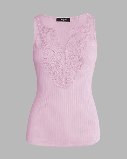 Contrast Lace V Neck Sleeveless Knit Top Casual Slim Fit Tank pink