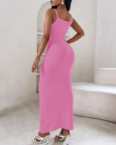 Spaghetti Strap U-Neck Casual Maxi Dress Slim Fit Cami Vacation Dress pink