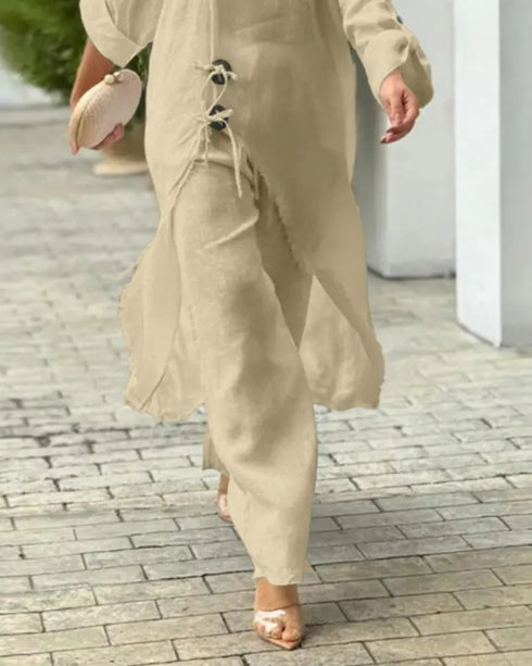2 Pieces Outfit Button Decor One Shoulder Turn-Up Sleeves Slit Raw Edges Top and Casual Drawstring Elastic Waist Wide Leg Pants Set Light Khaki