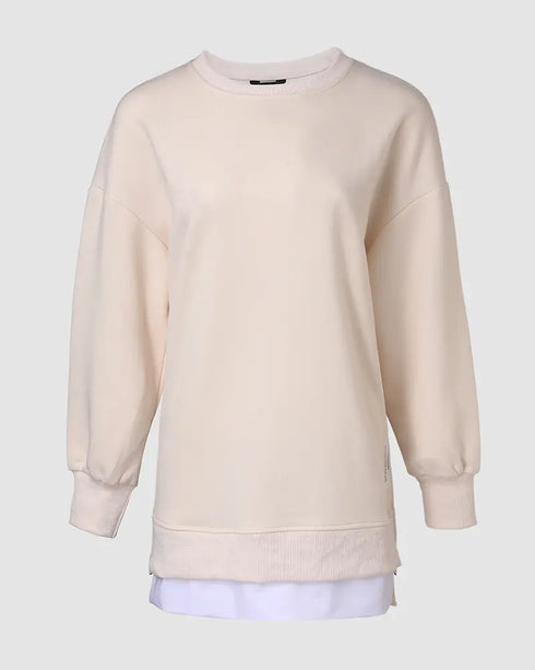 Long Sleeve Pocket Design Pullover Sweatshirt Casual Faux Two Piece Longline Drawstring Hooded Top Apricot