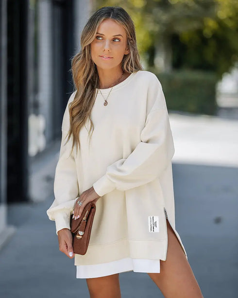 Long Sleeve Pocket Design Pullover Sweatshirt Casual Faux Two Piece Longline Drawstring Hooded Top Apricot