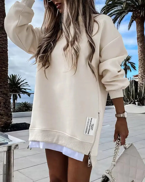 Long Sleeve Pocket Design Pullover Sweatshirt Casual Faux Two Piece Longline Drawstring Hooded Top Apricot