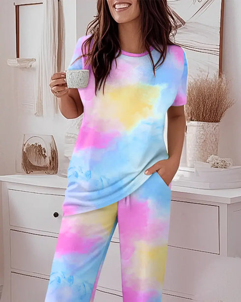2 Pieces Outfit Tie Dye Print Short Sleeve Top and Elastic Waist Loose Fit Pants Set Casual Pajamas Set Multicolor
