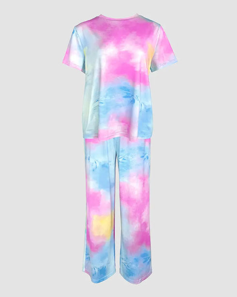 2 Pieces Outfit Tie Dye Print Short Sleeve Top and Elastic Waist Loose Fit Pants Set Casual Pajamas Set Multicolor