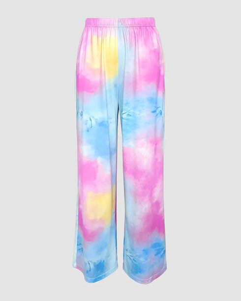 2 Pieces Outfit Coffee Skeleton Girl Print Short Sleeve Top and Tie Dye Print Elastic Waist Pants Set Casual Pajamas Set Multicolor