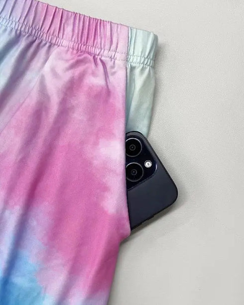 2 Pieces Outfit Letter print Round Neck Short Sleeve Top and Tie Dye Print Elastic Waist Loose Fit Pants Set Casual Pajamas Set Multicolor