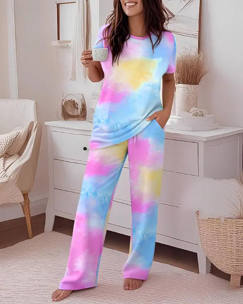 2 Pieces Outfit Tie Dye Print Short Sleeve Top and Elastic Waist Loose Fit Pants Set Casual Pajamas Set Multicolor