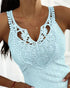 Contrast Lace V Neck Sleeveless Knit Top Casual Slim Fit Tank blue