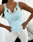 Contrast Lace V Neck Sleeveless Knit Top Casual Slim Fit Tank blue