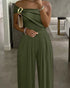 Cold Shoulder Ruched Buckle Wide Leg Jumpsuit Army green
