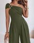 Metal Ring Decor All Over Print One Shoulder Ruched Jumpsuit Casual Pleated Wide Leg Jumpsuit Army green